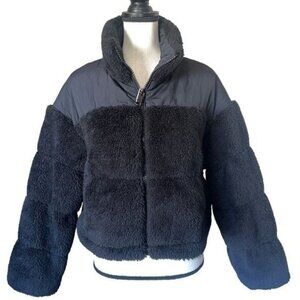 Jawmeu Womens Sherpa Fleece Puffer Jacket Warm Black US Size L Winter Stylish